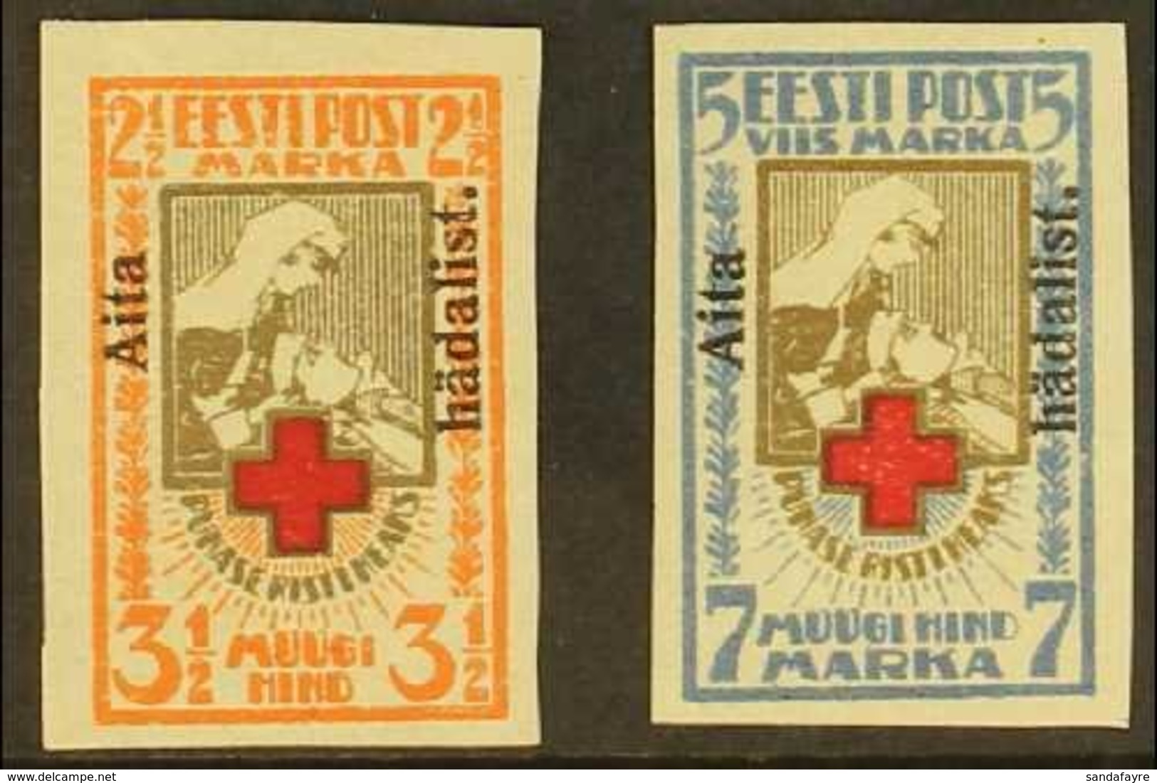 1923 Red Cross "Aita Hadalist" Opt'd Imperf Set, Mi 46B/47B, Very Fine Mint (2)       For More Images, Please Visit Http - Estland