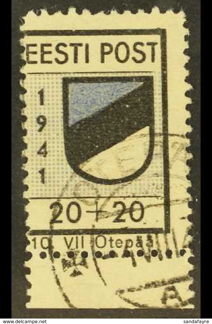 1941 OTEPAA LOCAL STAMP. 1941 20+20k Black And Ultramarine Perf 10¾, Michel 1A, Very Fine Used. For More Images, Please  - Estonie