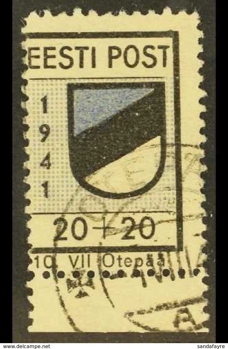 1941 OTEPAA LOCAL STAMP. 1941 20+20k Black And Ultramarine Perf 10¾, Michel 1A, Very Fine Used. For More Images, Please  - Estland