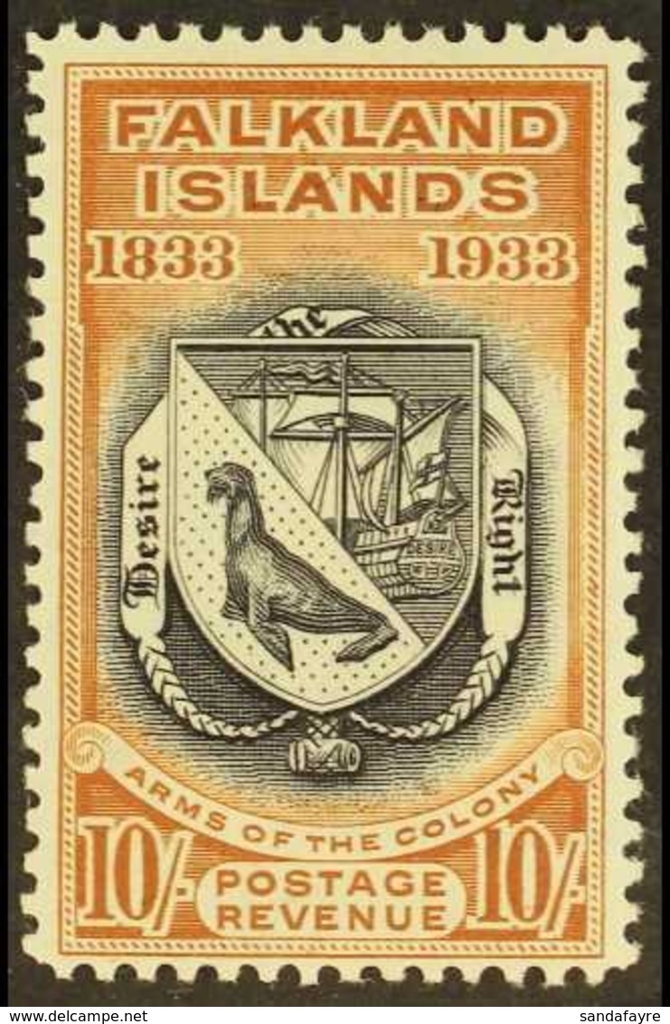 1933 10s Black And Chestnut Coat Of Arms, SG 137, Mint Very Lightly Hinged. Fresh! For More Images, Please Visit Http:// - Falkland Islands