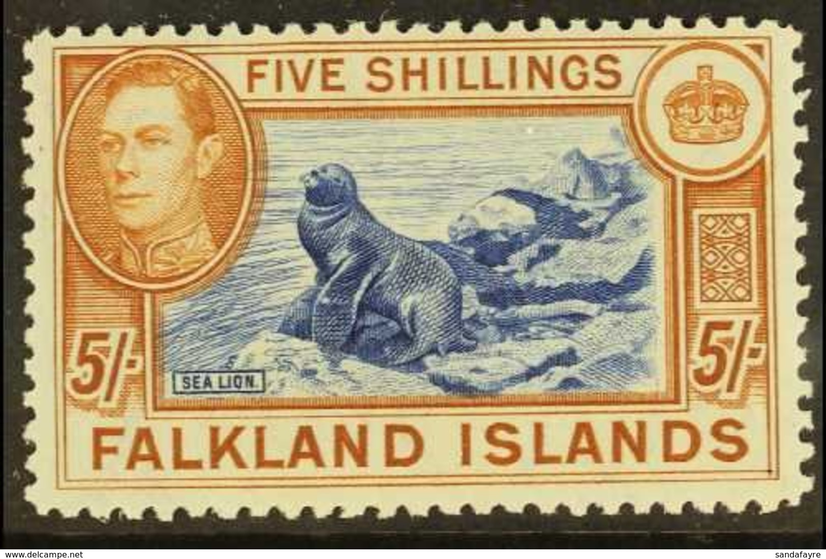 1938-50 5s Dull Blue & Yellow Brown On Greyish Paper, SG 161c, Fine Lightly Hinged Mint For More Images, Please Visit Ht - Islas Malvinas