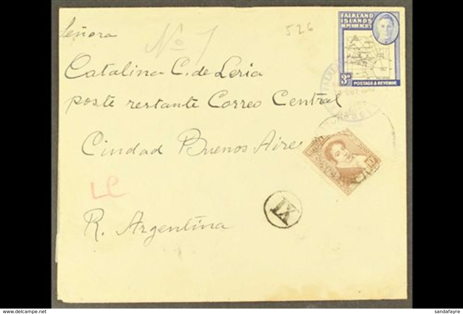 1947 COMMERCIAL COVER TO ARGENTINA 1946 3d Thick Map Tied By FID South Georgia Cds Of 14 NOV 1947 On Cover Addressed To  - Falklandinseln