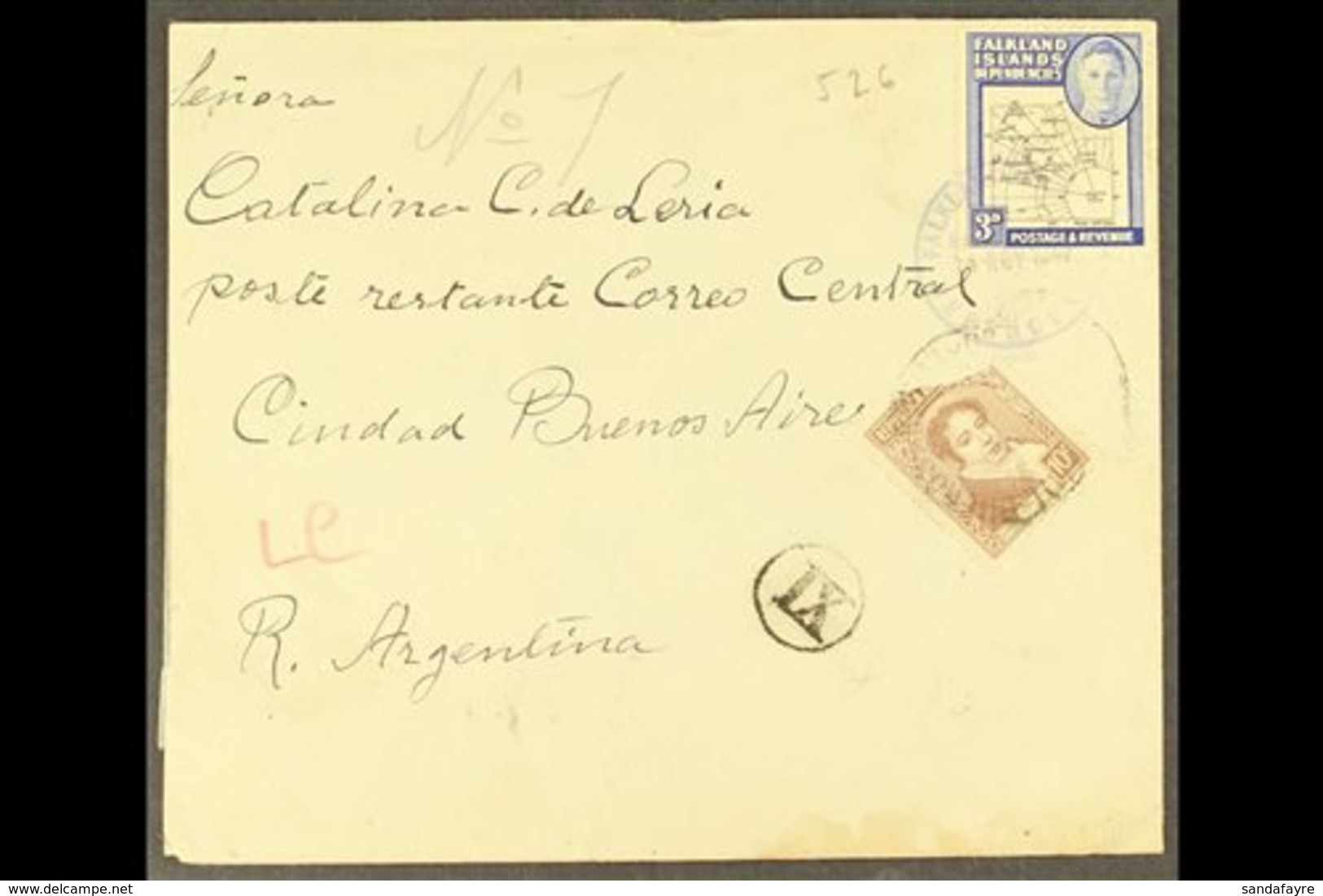 1947 COMMERCIAL COVER TO ARGENTINA 1946 3d Thick Map Tied By FID South Georgia Cds Of 14 NOV 1947 On Cover Addressed To  - Falklandeilanden