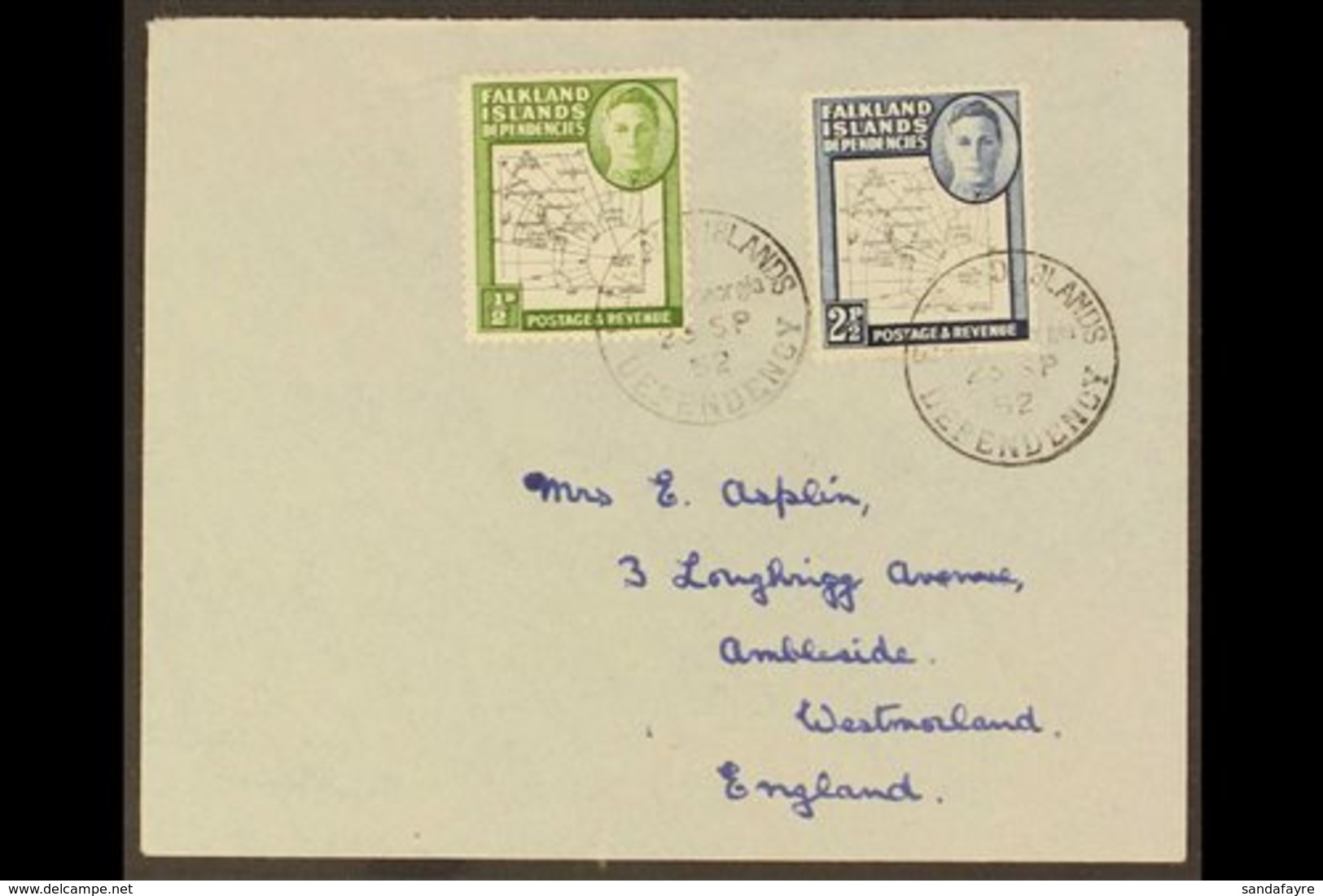 1952 VARIETIES ON COVER (Sep 23rd) Cover To Ambleside, UK (no Backflap) Franked ½d Coarse Map Bearing "Gap In 80th Paral - Islas Malvinas