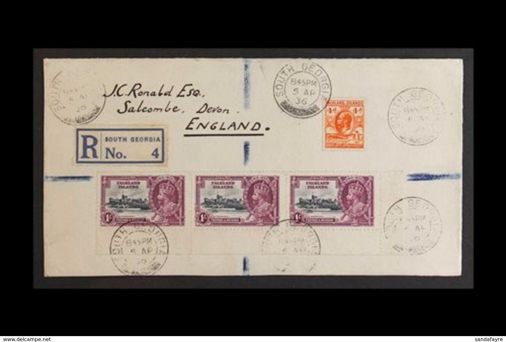 SOUTH GEORGIA 1936 (5 April) Registered Cover To England Bearing Falkland Islands 1935 1s Silver Jubilee Lower Marginal  - Falkland