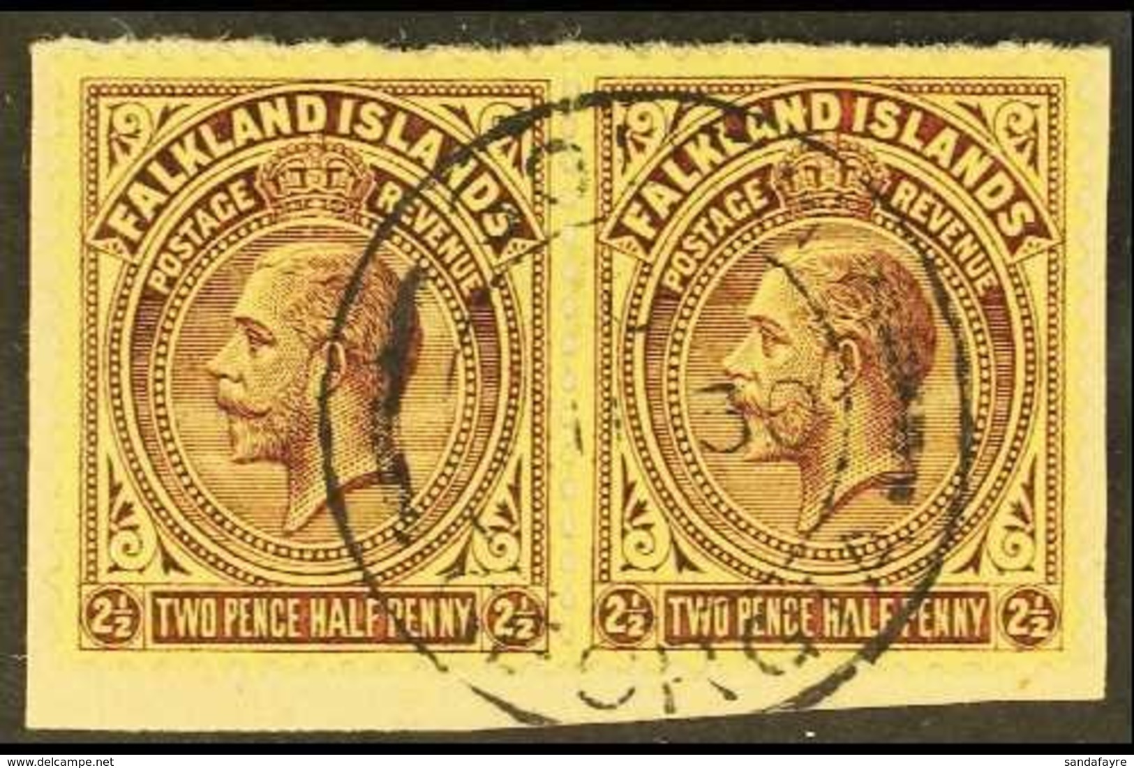 SOUTH GEORGIA 1921-28 KGV 2½d Deep Purple/pale Yellow, Horizontal Pair On Small Piece Tied By South Georgia Cds, SG Z39. - Falkland Islands