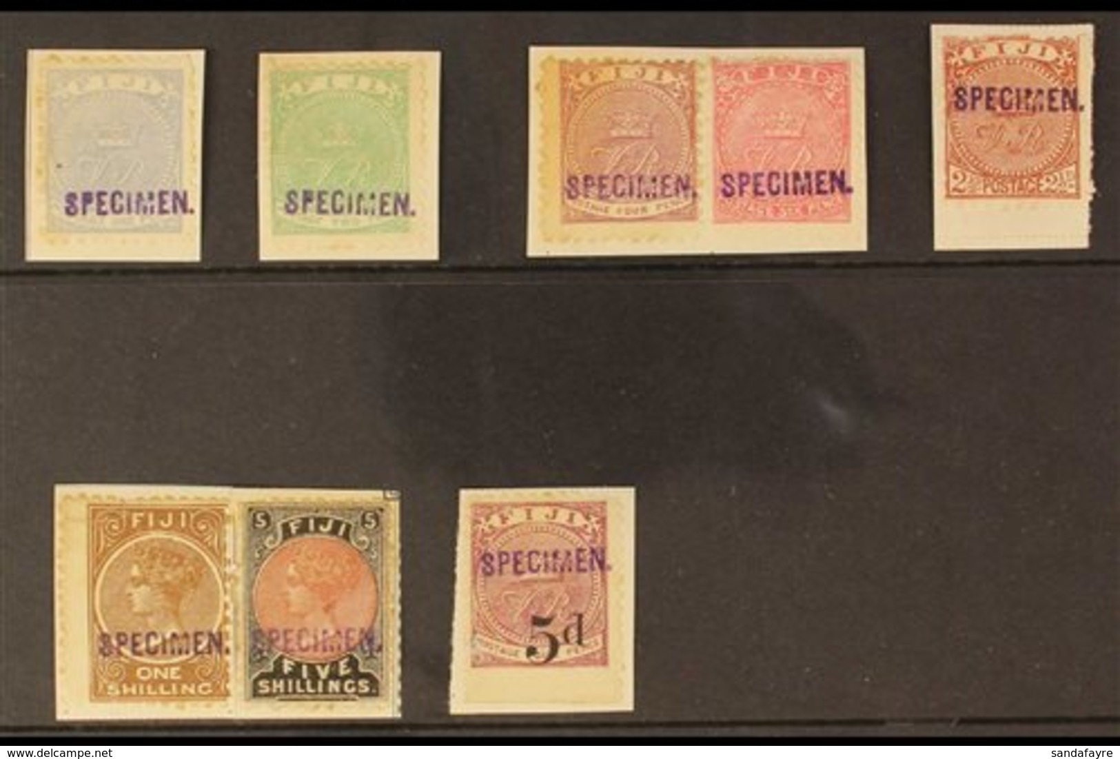 1881 - 1897 UNIQUE "SPECIMEN" HANDSTAMPS. A Group Of 8 Stamps Each With A Violet "SPECIMEN" Handstamp As Applied By The  - Fidji (...-1970)