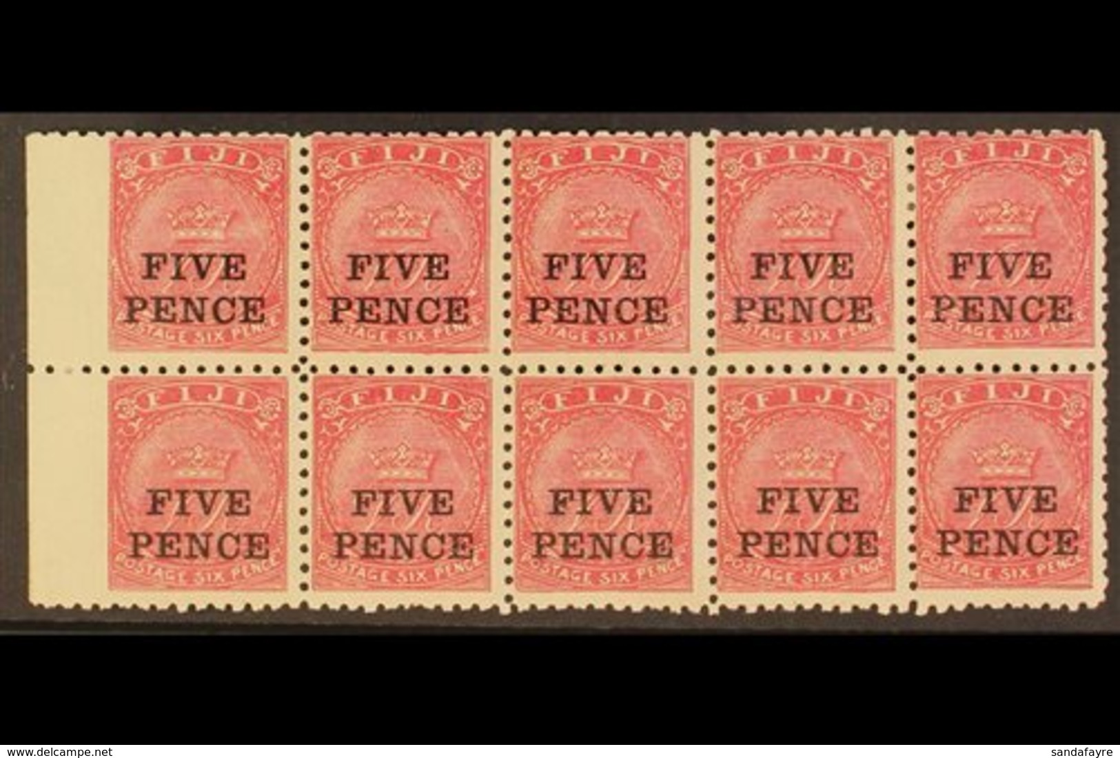 1892 5d On 6d Deep Rose, SG 75a, Mint BLOCK OF TEN From The Left Side Of The Sheet, Seven Stamps Never Hinged, A Diagona - Fiji (...-1970)