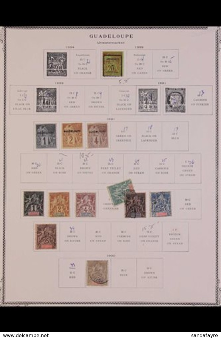 GUADELOUPE 1889-1947 COLLECTION ON PRINTED PAGES Mint And Used Incl. 1903 1f On 75c Mint, 1904 1f On 75c Unused, 1905-05 - Autres & Non Classés