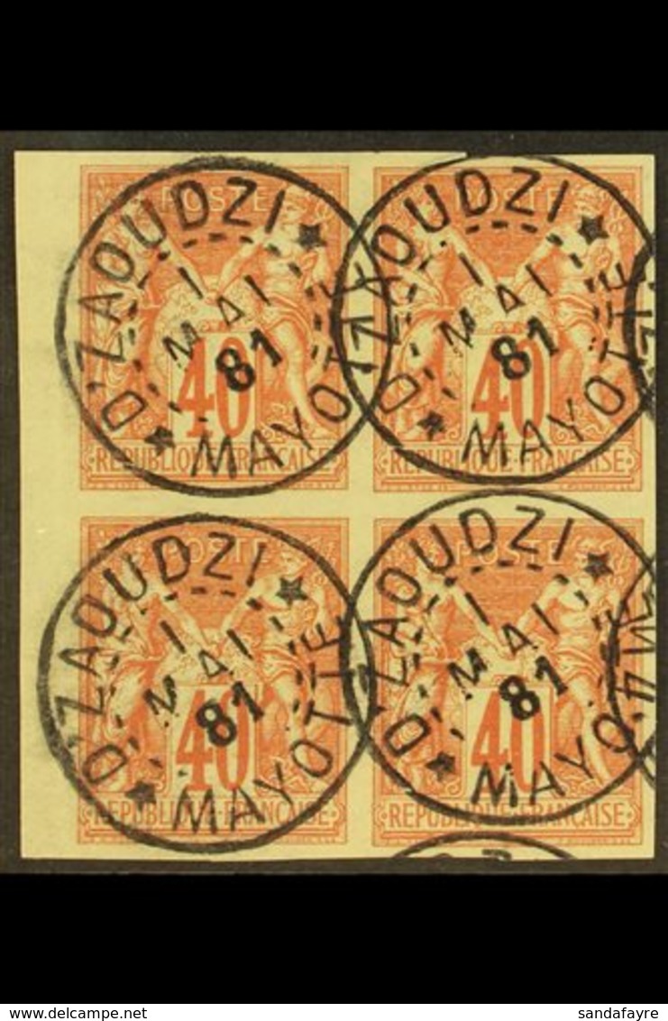 MAYOTTE 1877-79 40c Red On Yellow Sage General Issue (Yvert 27, Maury 34), Superb Used Marginal IMPERF BLOCK Of 4 Cancel - Andere & Zonder Classificatie