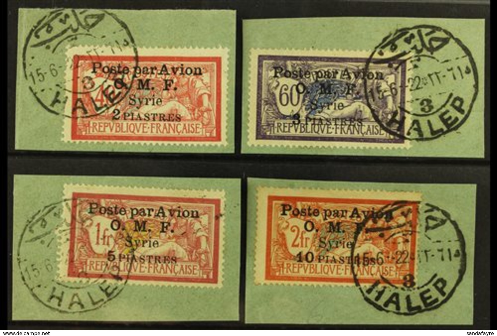 SYRIA 1922 Air Overprints Complete Set (Yvert 10/13, SG 89/92), Fine Used On Pieces Tied By "Halep" Cds Cancels. (4 Stam - Other & Unclassified