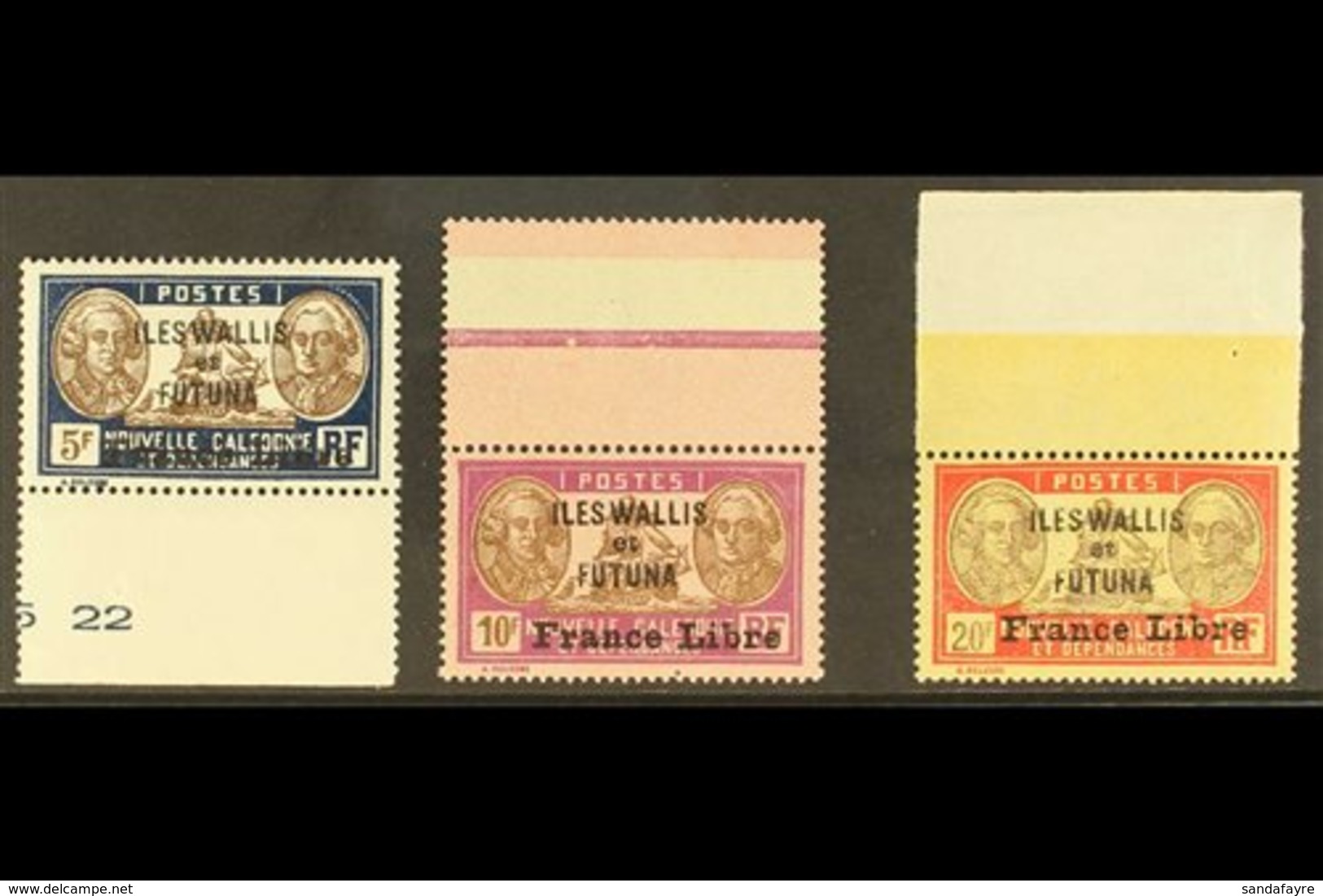 WALLIS ET FUTUNA 1941 "France Libre" Overprinted High Values, 5f To 20f, Yv 122/24, Never Hinged Mint. (3 Stamps) For Mo - Other & Unclassified