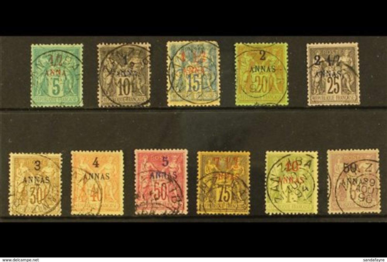 ZANZIBAR 1894-96 Surcharged Set Complete, Yvert 1/11, Very Fine Used, The 1½a On 15c With Faults (11 Stamps) For More Im - Other & Unclassified