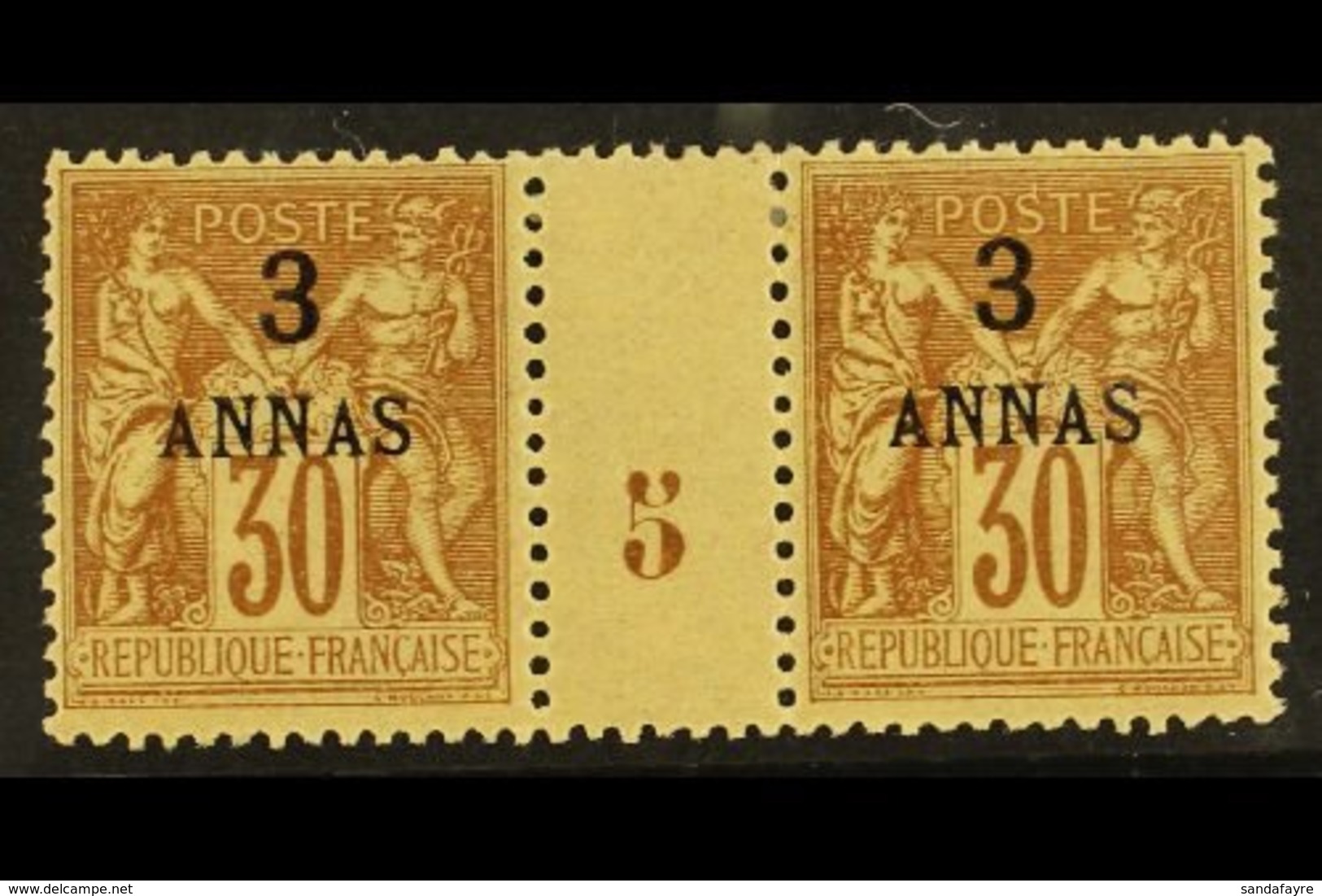 ZANZIBAR 1894-96 3a On 30c Brown (1895) MILLESIME (Number 5) PAIR, Yvert 6, Very Fine Lightly Hinged Mint For More Image - Sonstige & Ohne Zuordnung