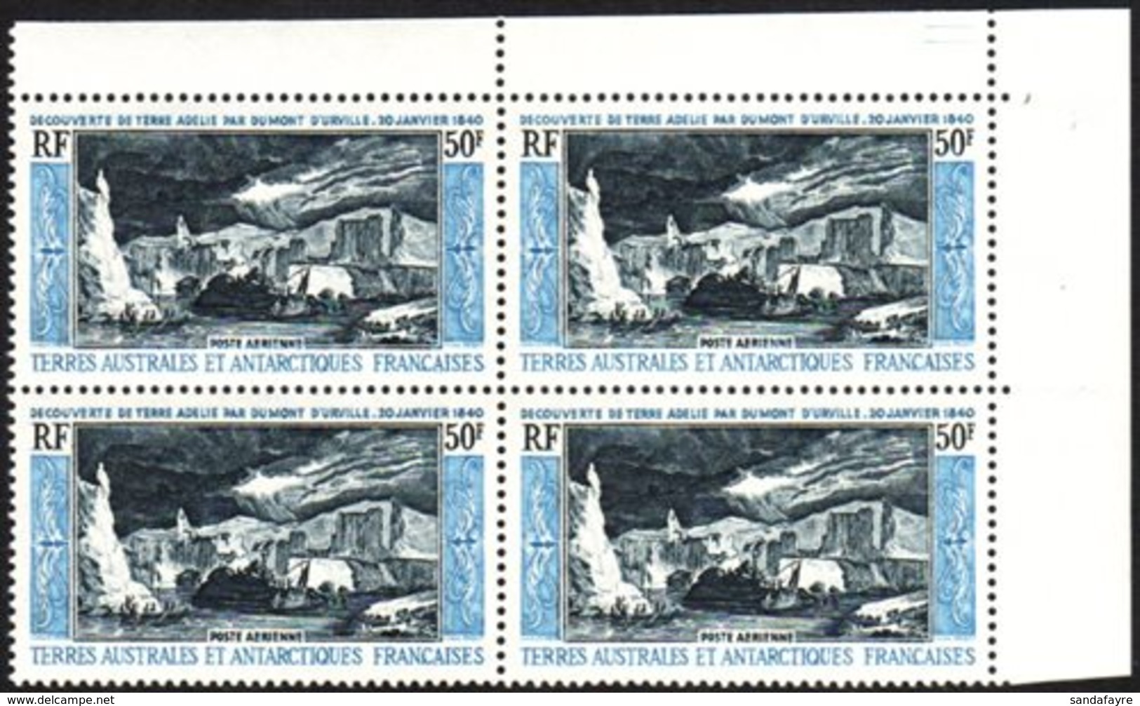 T.A.A.F. 1965 AIR 50f Discovery Of Adelie By Dumont D'Urville (Yvert 8) - A Superb Never Hinged Mint Corner Block Of Fou - Andere & Zonder Classificatie