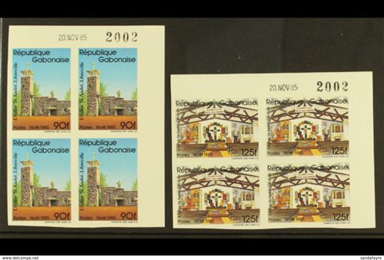 1985 Christmas "Eglise Saint-Andre" Set (Yvert 594A/B, Michel A/B948) IMPERF CORNER DATE BLOCKS OF FOUR, Very Fine Never - Andere & Zonder Classificatie