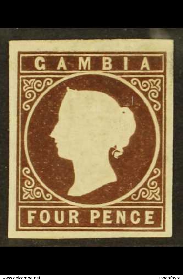 1869-72 4d Brown, No Watermark, Imperf, SG 1, Mint, A Small Thin And A Couple Of Tiny Pin Holes, But With Good Embossing - Gambia (...-1964)