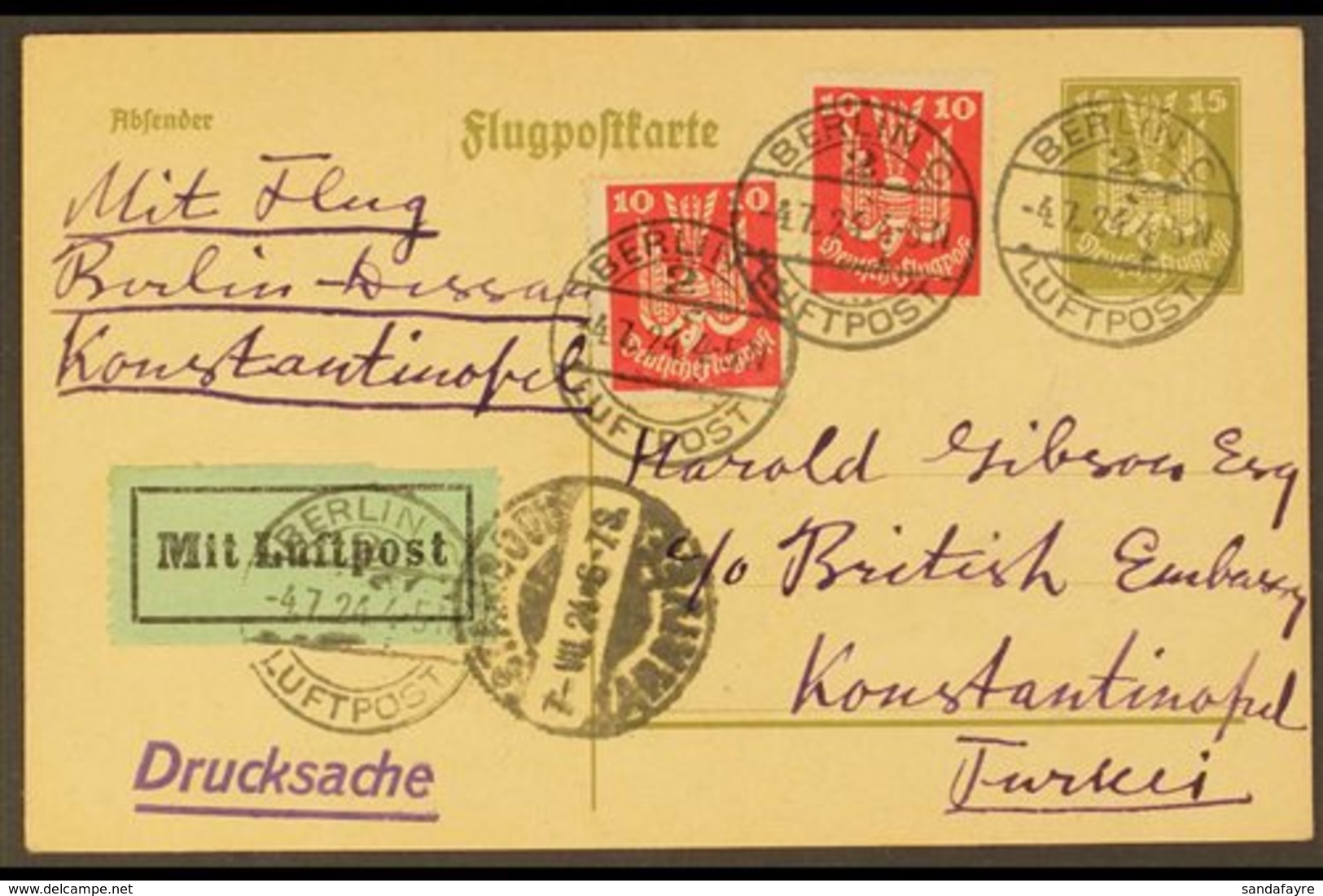 1924 (4 Jul) Experimental Berlin To Angora Flight, German 15pf P/card Uprated With 2x 10pf Stamps Addressed To The Briti - Autres & Non Classés