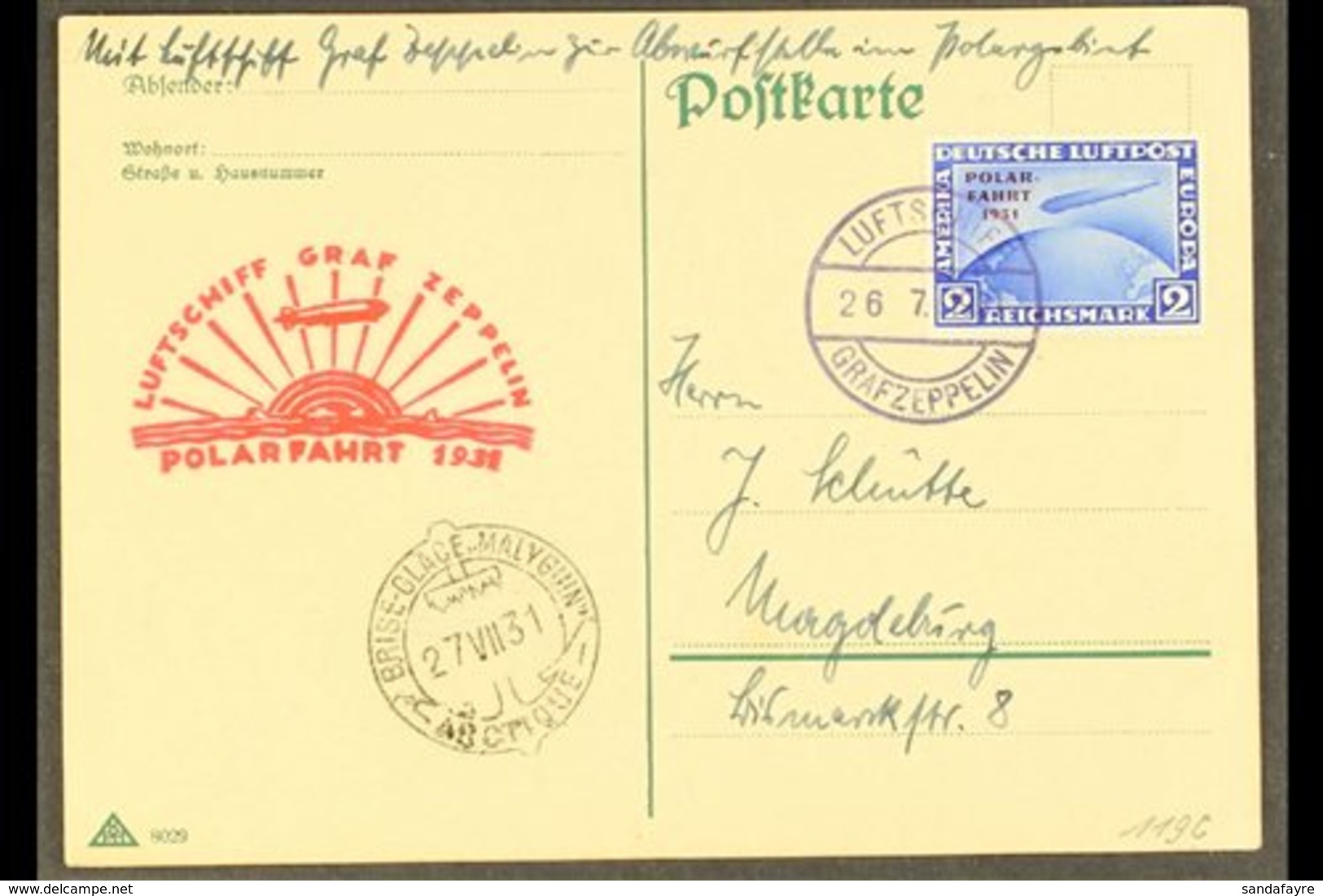 1931 GRAF ZEPPELIN POLAR FLIGHT Postcard To Magdeburg Bearing "POLAR-FAHRT 1931" 2RM Bright Blue (Mi 457, SG 470) Tied B - Other & Unclassified