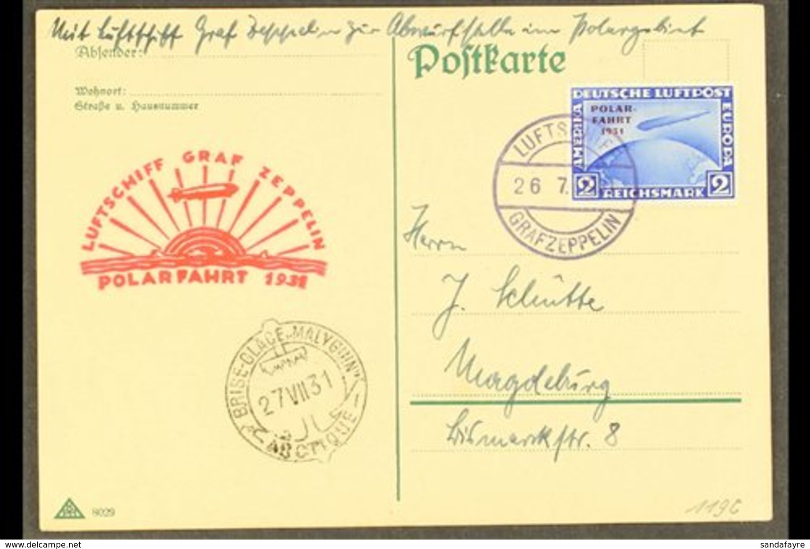 1931 GRAF ZEPPELIN POLAR FLIGHT Postcard To Magdeburg Bearing "POLAR-FAHRT 1931" 2RM Bright Blue (Mi 457, SG 470) Tied B - Andere & Zonder Classificatie