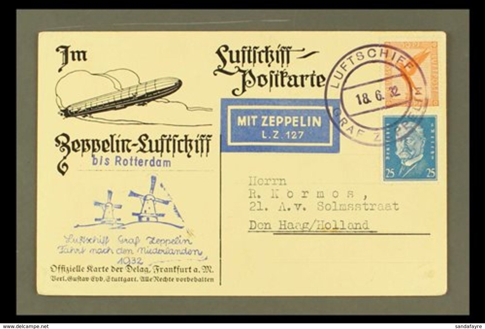 1932 GRAF ZEPPELIN CARD TO HOLLAND An Illustrated Ppc Showing On The Picture Side An Aerial View From The Airship Bearin - Sonstige & Ohne Zuordnung