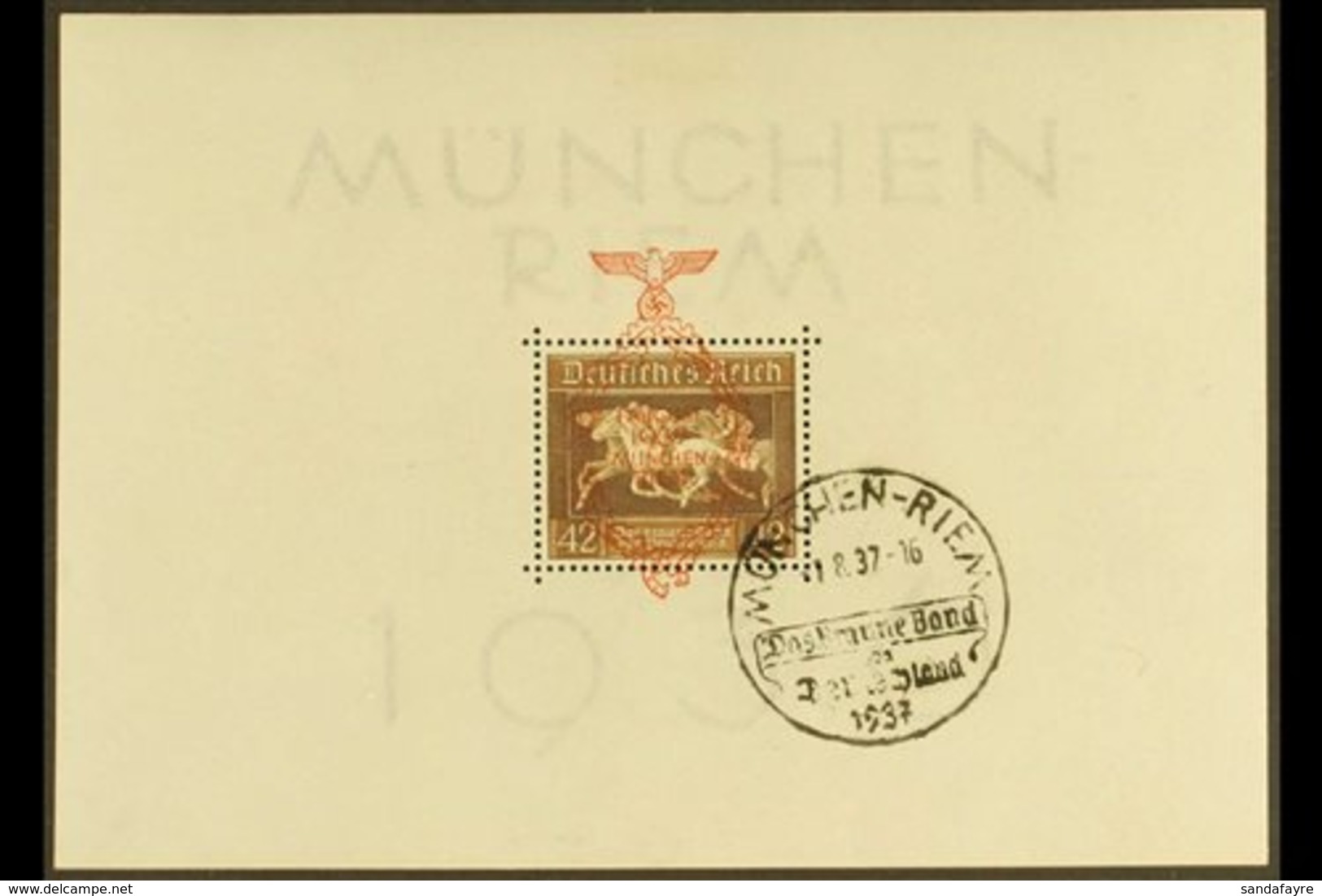 1937 "Brown Ribbon Of Germany" Miniature Sheet (Mi Block 10, SG MS637a) Used With "Munchen-Riem" Special Cancel. For Mor - Andere & Zonder Classificatie