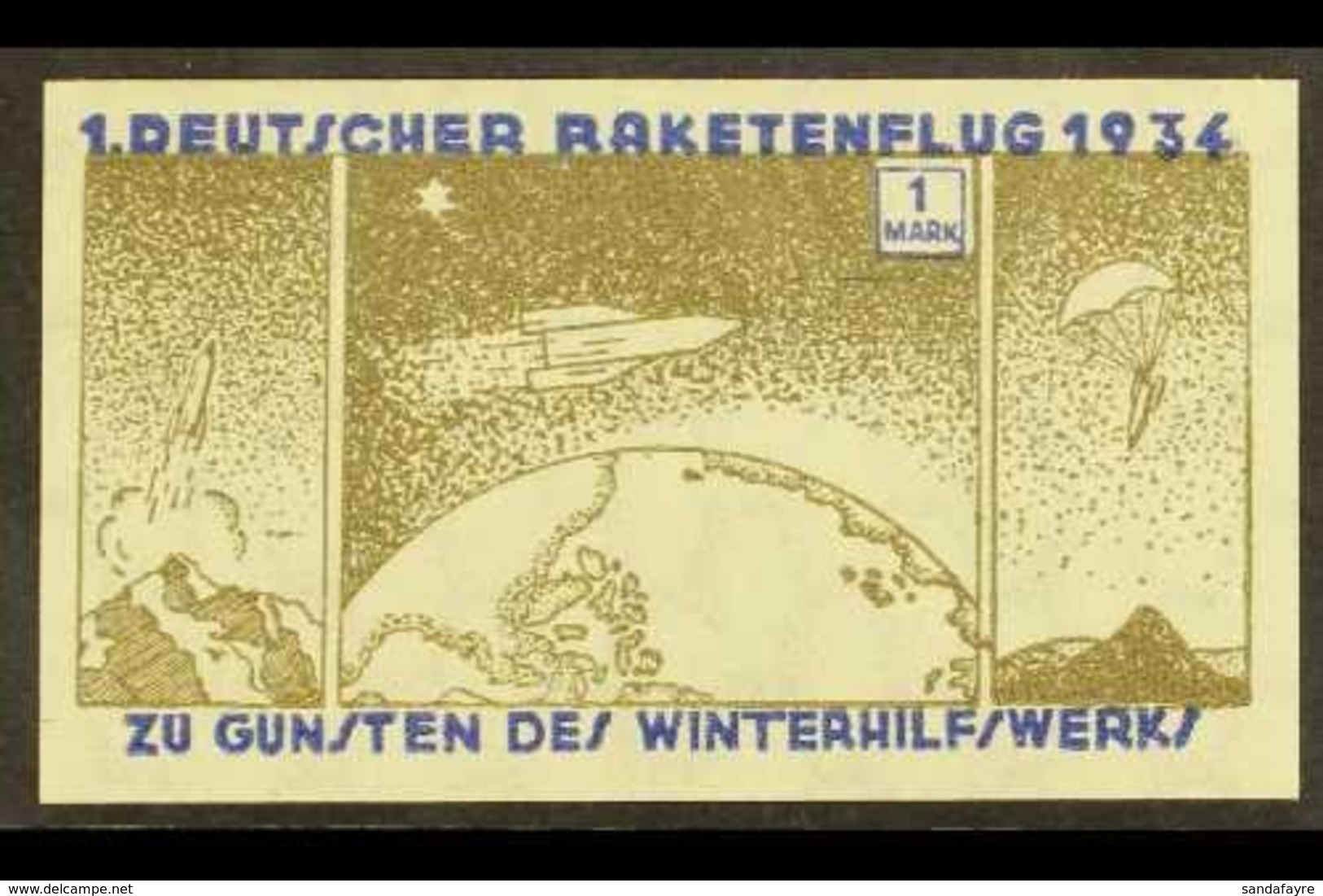 ROCKET MAIL 1934 1m Olive & Blue (Watermarked) Imperf, Zwisler 6A2b, Never Hinged Mint With 4 Wide Margins. Only Eight P - Autres & Non Classés