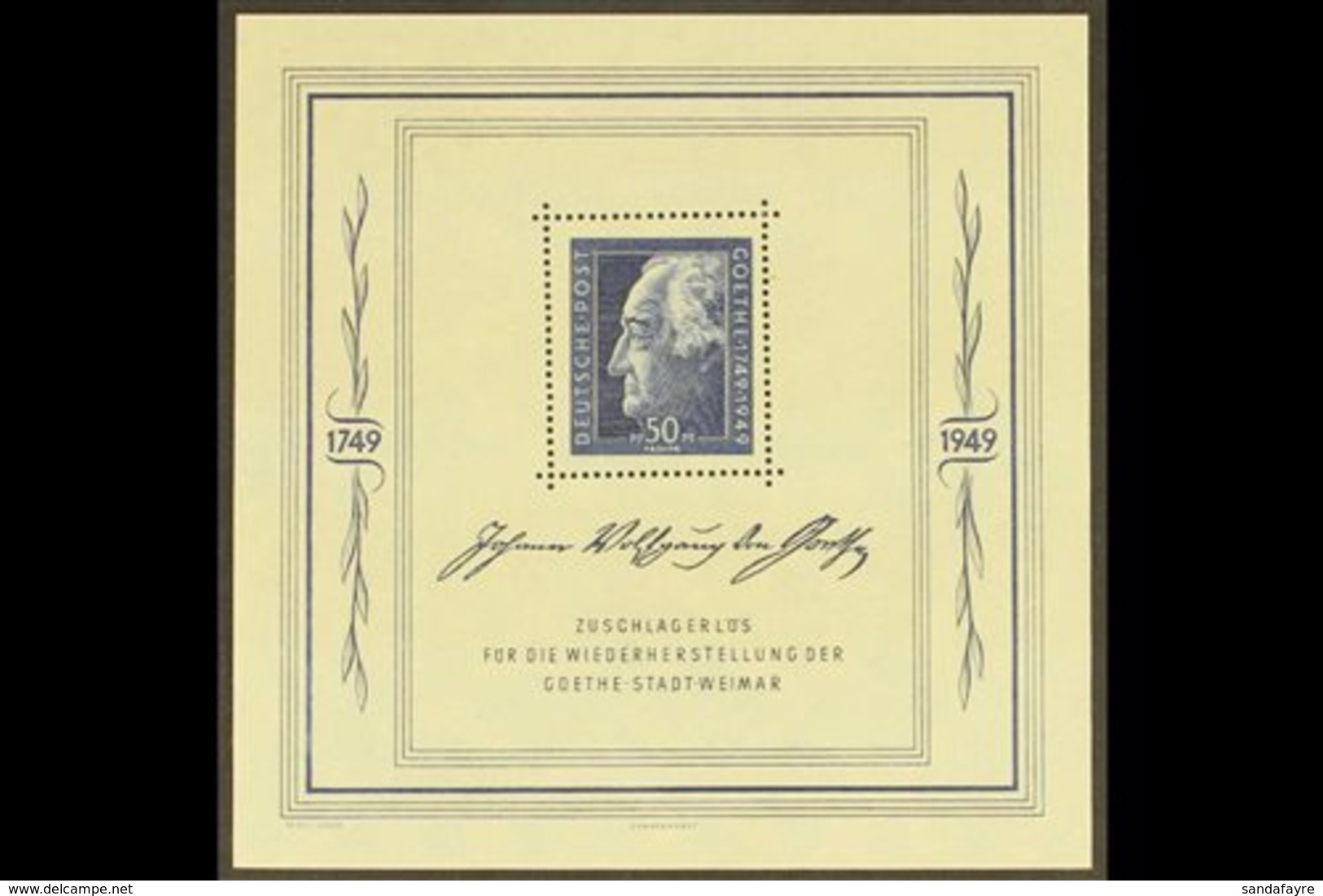 RUSSIAN ZONE GENERAL ISSUES 1949 Goethe Festival Week Miniature Sheet (Mi Block 6, SG MSR59a) Very Fine Never Hinged Min - Sonstige & Ohne Zuordnung