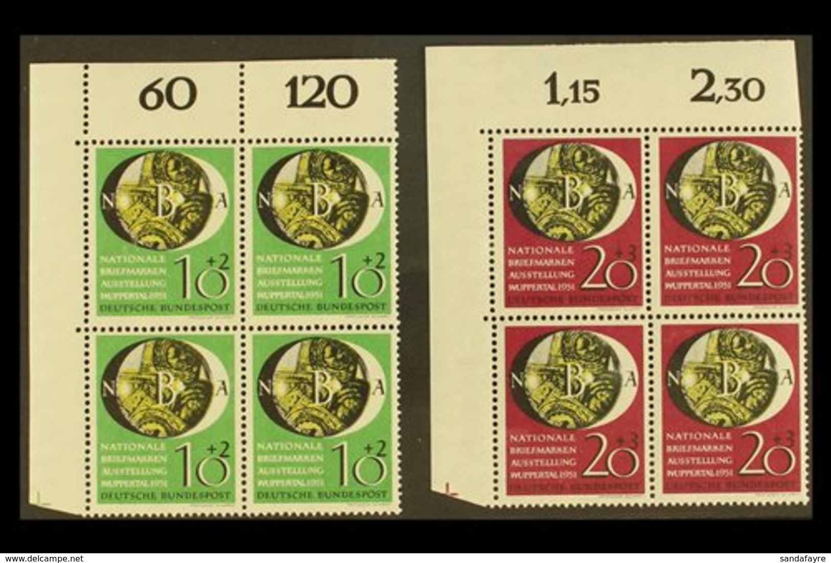 1951 Philatelic Exhibition Complete Set (Michel 141/42, SG 1067/68), Superb Never Hinged Mint Upper Left Corner BLOCKS O - Autres & Non Classés