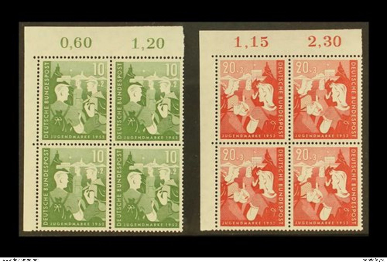 1952 Youth Hostels Fund Complete Set (Michel 153/54, SG 1080/81), Superb Never Hinged Mint Upper Left Corner BLOCKS Of 4 - Andere & Zonder Classificatie