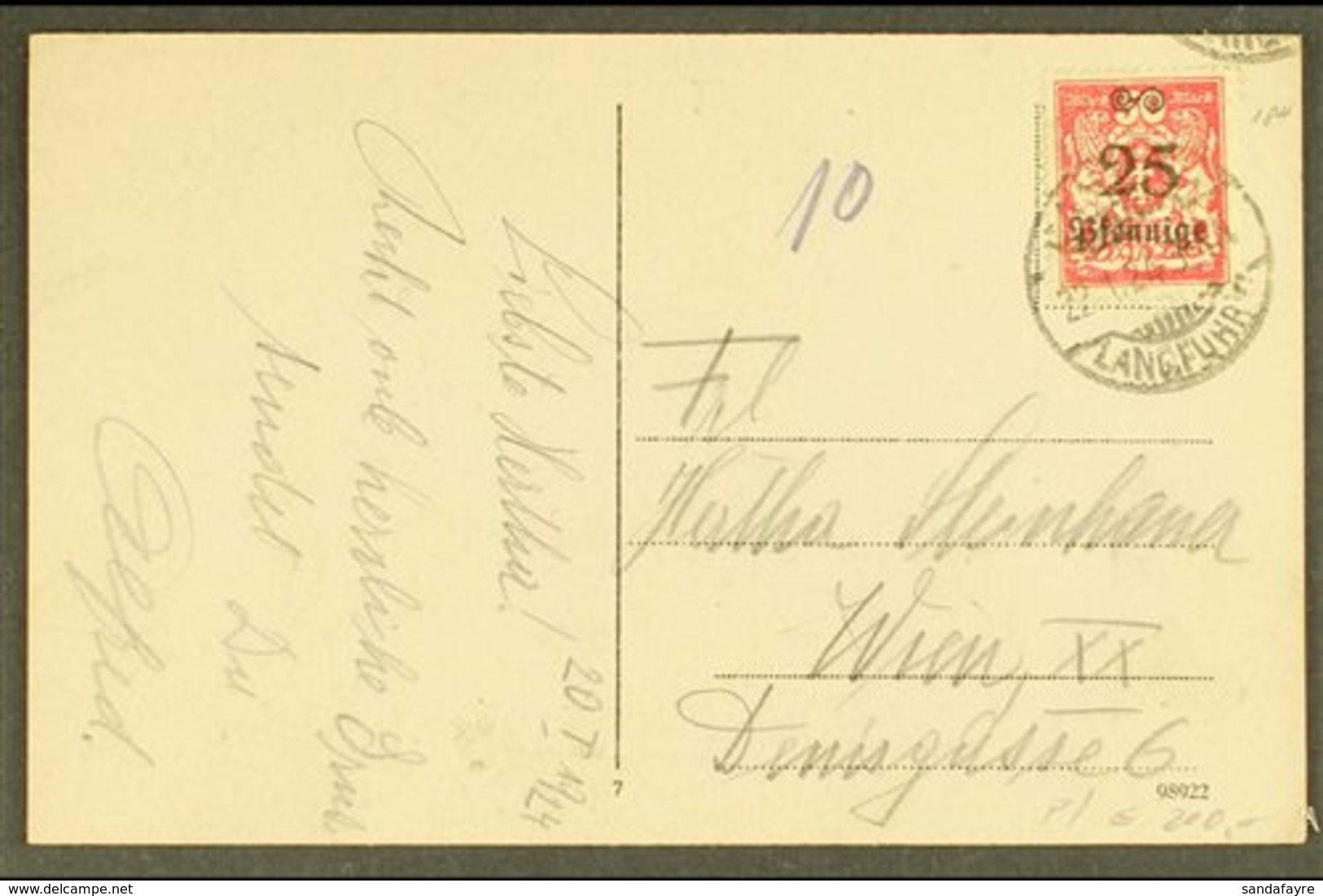 1924 (24 JAN) Picture Post Card To Vienna Bearing 1923 25pf On 50m Red, Michel 184, Tied By "DANZIG / LANGFUHR" Cds Canc - Sonstige & Ohne Zuordnung