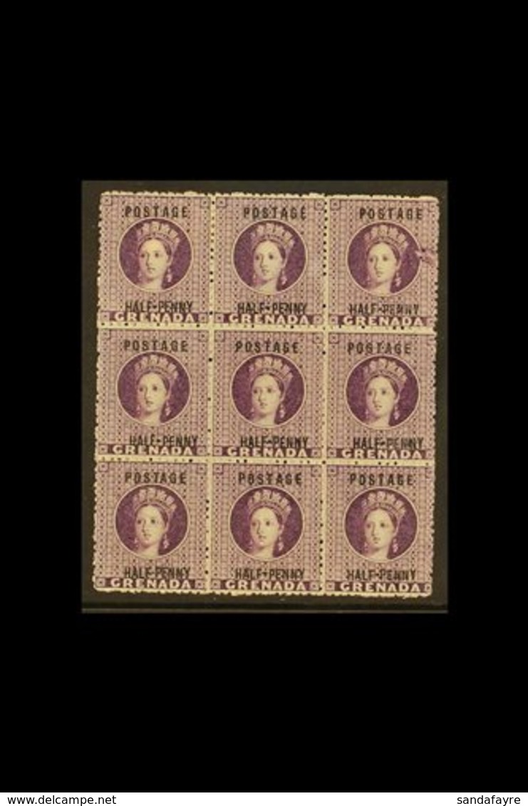 1881 ½d Deep Mauve, Block Of Nine With Large Printing Flaw On Top Right Stamp, SG 21, Good To Fine Mint. For More Images - Grenada (...-1974)