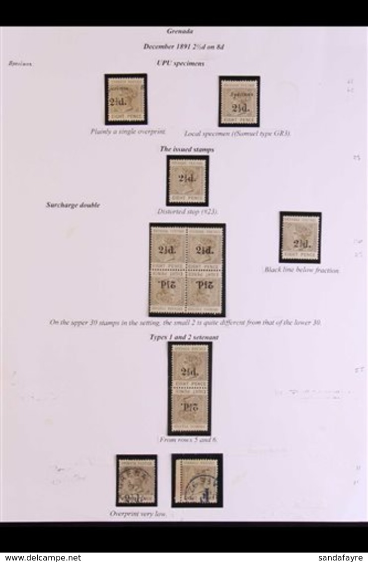 1891 2½d On 8d Grey-brown, SG 47, A Study Page With "Specimen" Overprint (2, One Misplaced To Prove The Surcharge And Ov - Granada (...-1974)