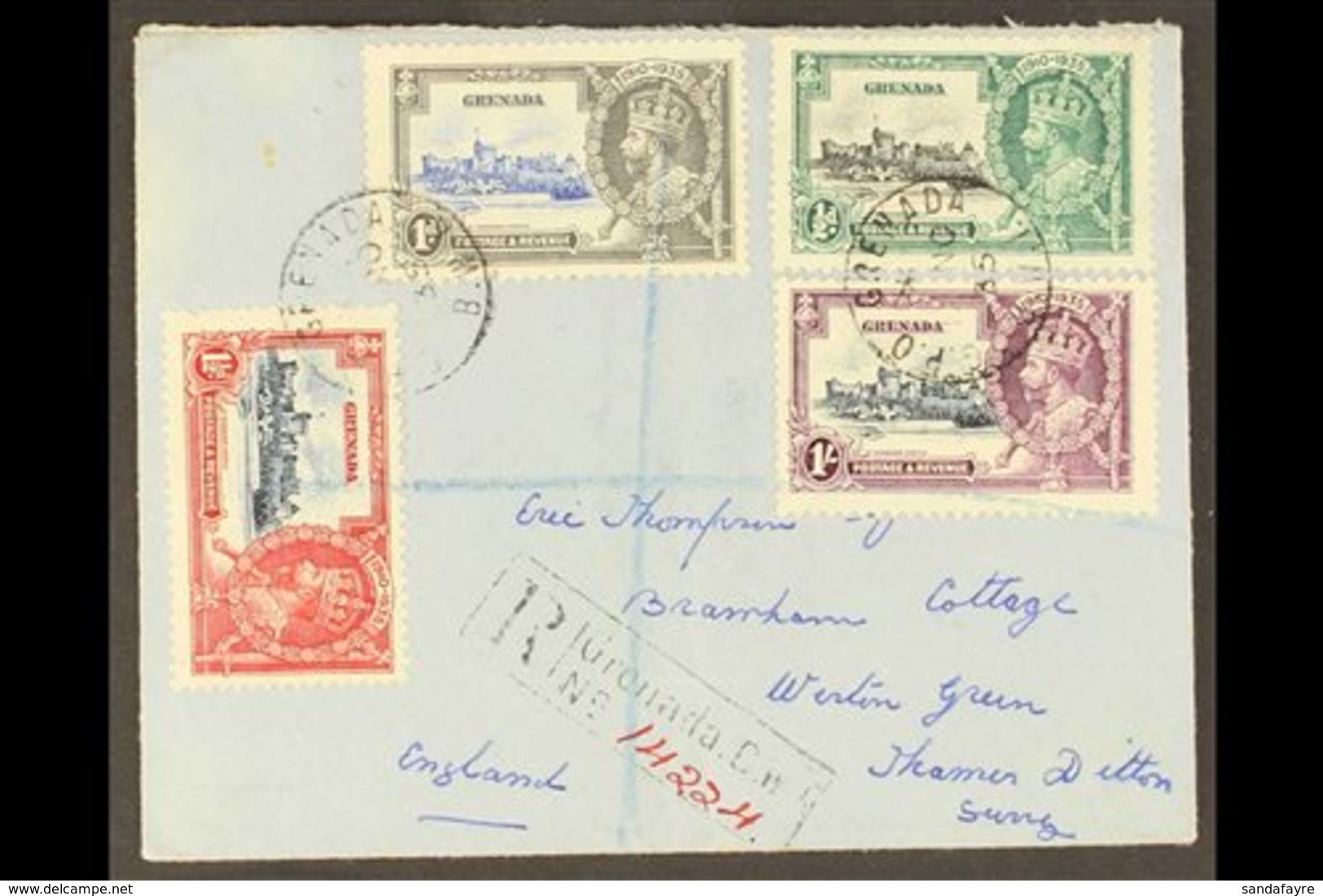 1935 (Nov) Registered Cover To England Bearing Silver Jubilee Complete Set (SG 145/48) Including 1½d With "Kite And Hori - Grenade (...-1974)