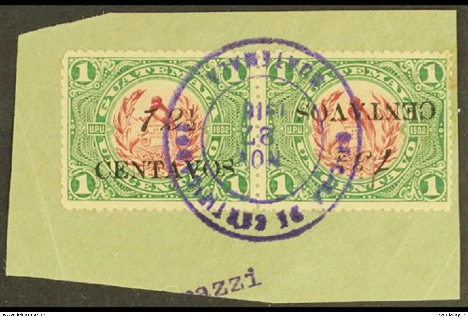 1916 12½ On 1c Claret & Green INVERTED "13½" FOR "12½" Variety In Horizontal SE-TENANT PAIR With Normal Stamp, SG 153+15 - Guatemala