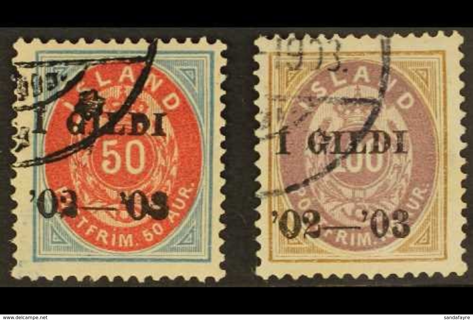 1902 50aur And 100aur Ovptd "I Gildi" In Black, Perf 14x13½, Fac 43/4, Very Fine Used. (2 Stamps)  For More Images, Plea - Sonstige & Ohne Zuordnung