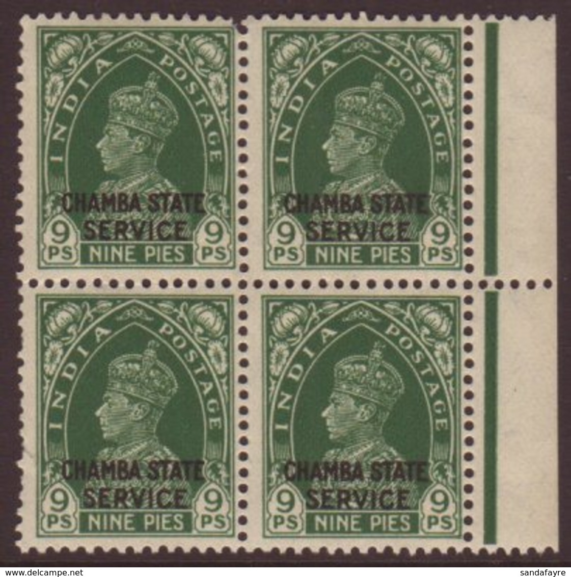 CHAMBA OFFICIAL 1938-40 KGVI 9p Green, SG O66, Never Hinged Mint Marginal BLOCK OF FOUR. For More Images, Please Visit H - Sonstige & Ohne Zuordnung