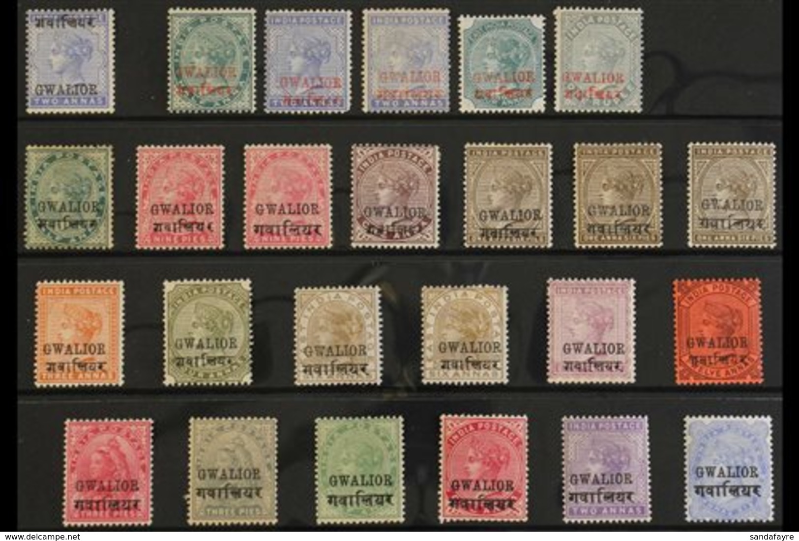 GWALIOR 1885-1897 MINT COLLECTION On A Stock Card. Includes 1885 (May) Type 1 Overprint 2a Dull Blue, 1885 (Sep) Red Ove - Otros & Sin Clasificación