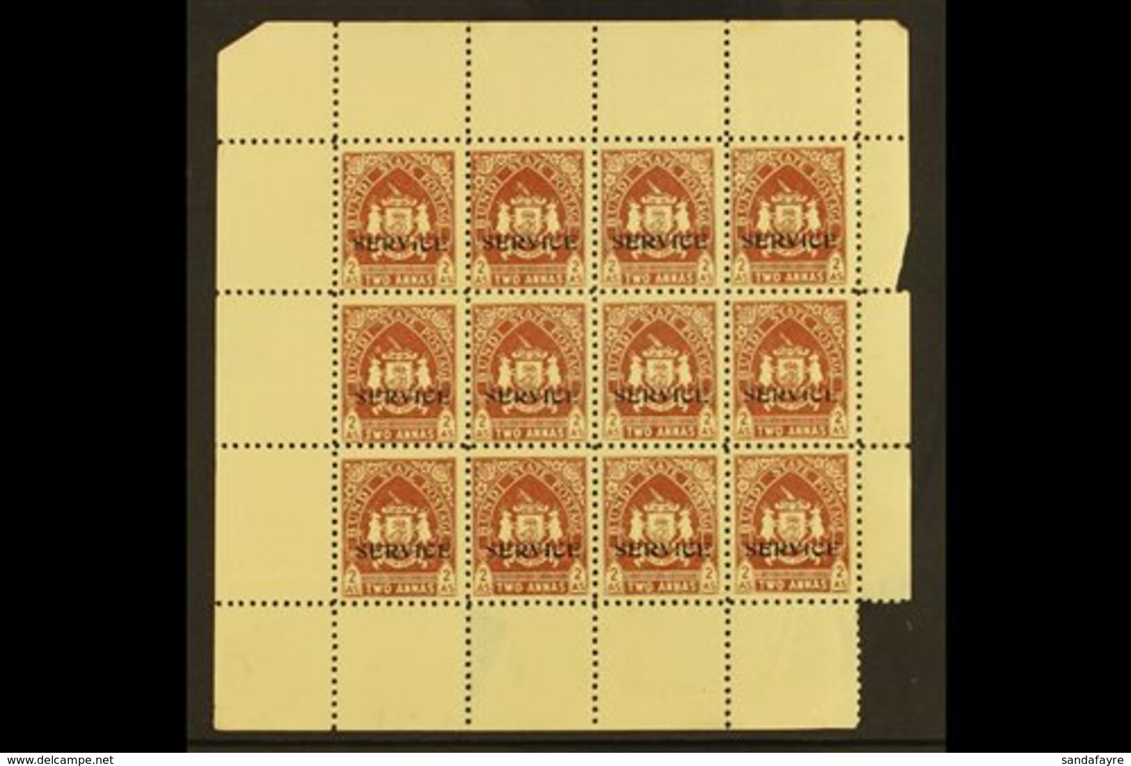 BUNDI OFFICIALS. 1941 2a Brown, SG O56, COMPLETE SHEET Of 12 With Selvedge To All Sides. Fine Mint, Ungummed Paper As Is - Otros & Sin Clasificación