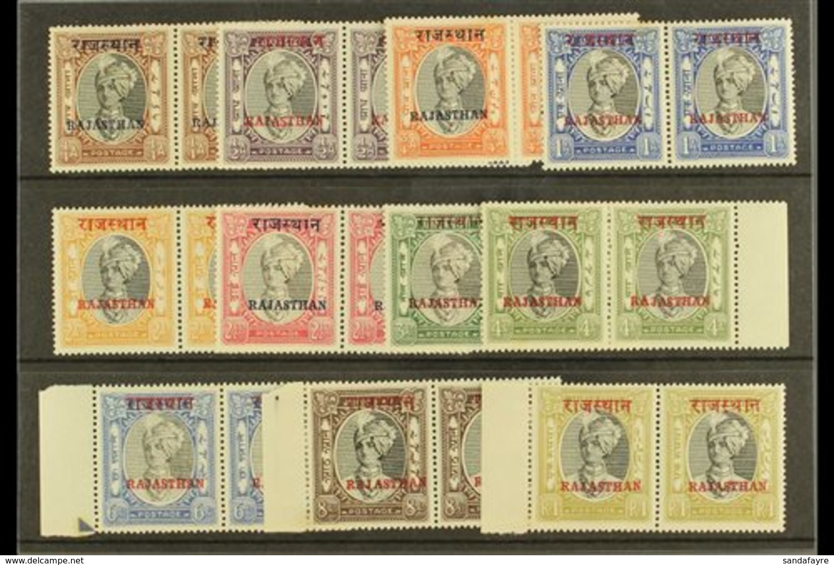 RAJASTHAN 1950 Stamps Of Jaipur Overprinted 2 Line Rajasthan, SG 15/25, In Mint Horizontal Pairs. Few Tone Spots Otherwi - Andere & Zonder Classificatie