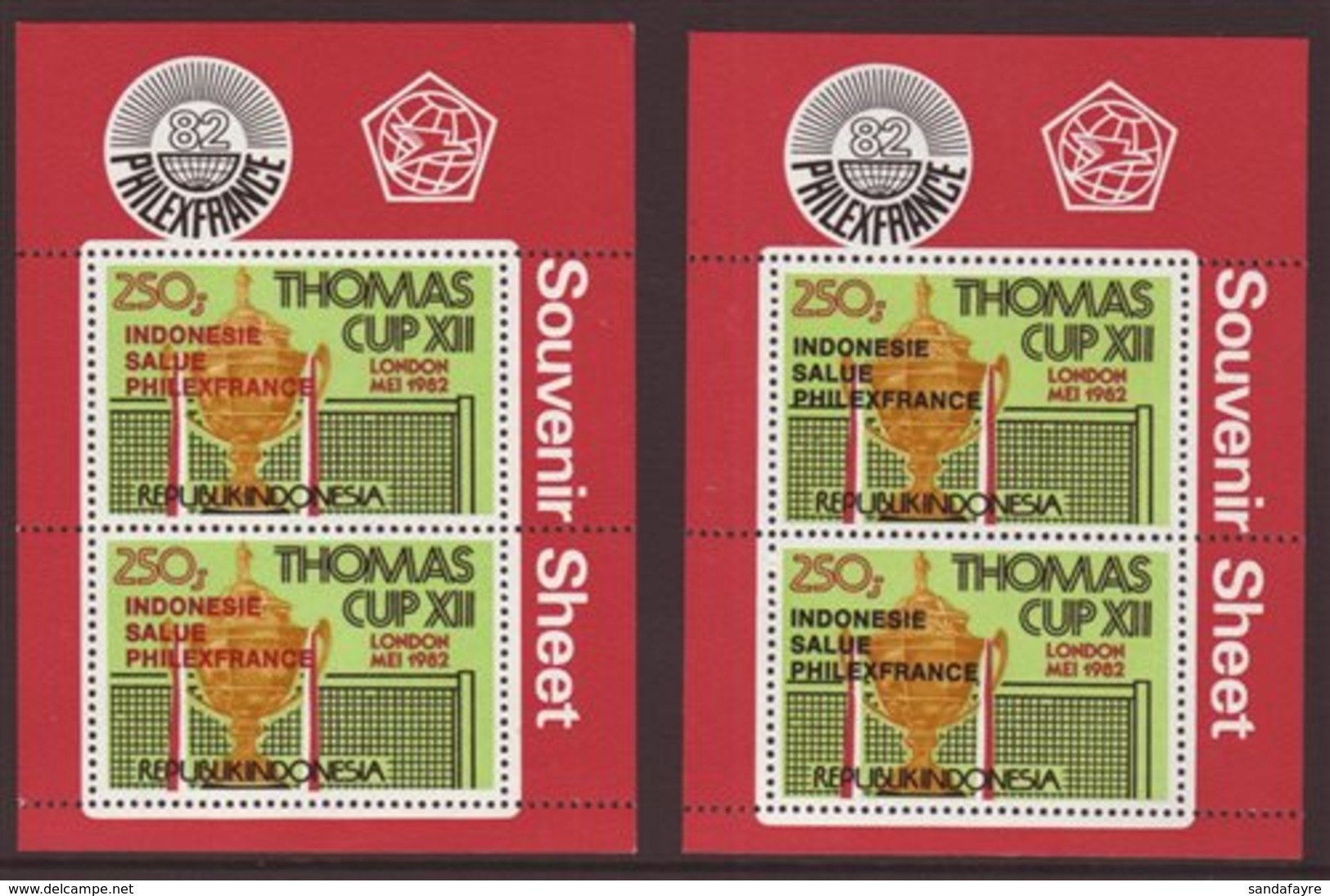 1982 Badminton Mini-sheets With "PHILEXFRANCE" Overprint In Red And In Black, See Notes After SG MS1673 Or Scott 1176a,  - Indonesië