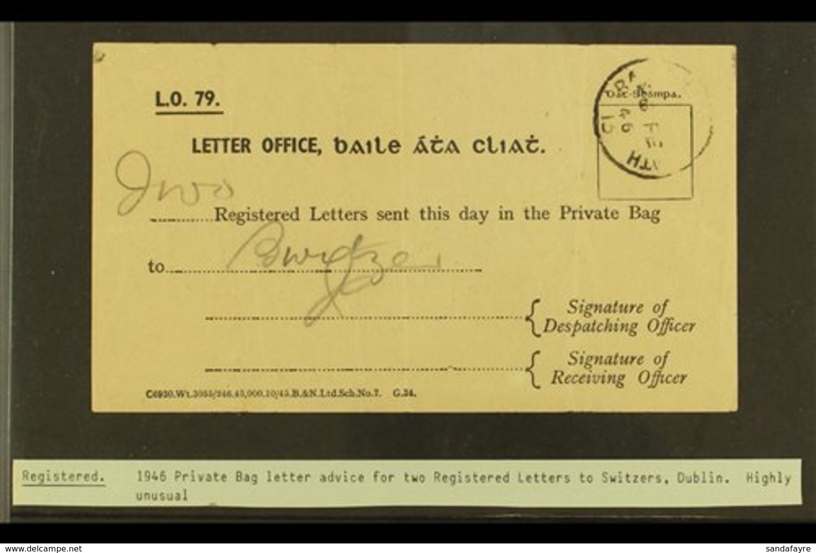 1946 PRIVATE BAG LETTER ADVICE A Scarce Private Bag Receipt For Two Registered Letters  To Switzers In Dublin. For More  - Otros & Sin Clasificación