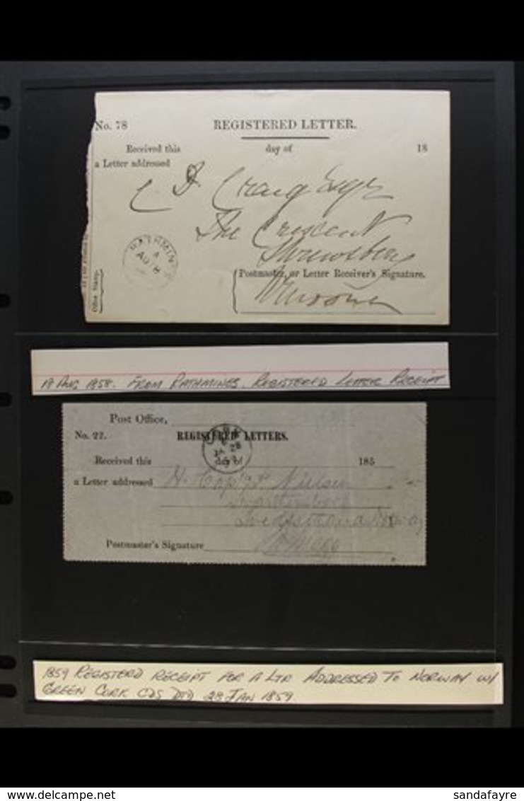 EARLY REGISTERED LETTER RECEIPTS Includes 1858 For A Letter From Rathmines To Shrewsbury, 1859 For A Letter From Cork To - Sonstige & Ohne Zuordnung