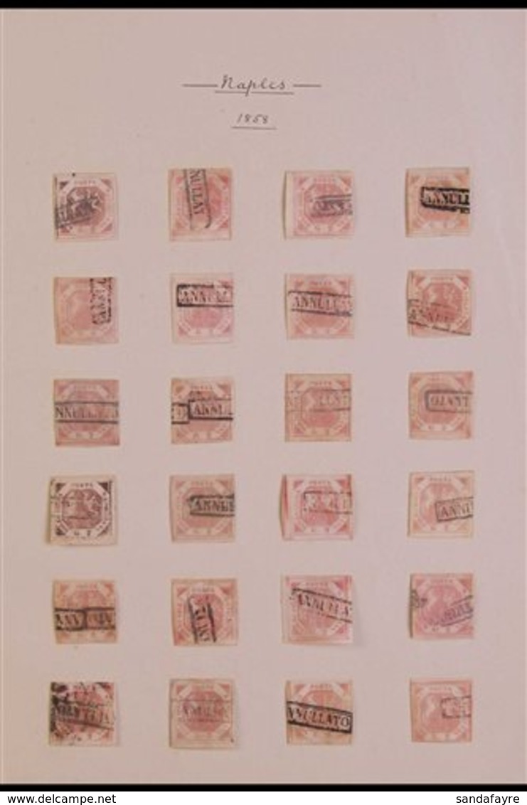 NAPLES 1858 2g Lake/rose (SG 3/3A, Sassone 5/7), Old Used Accumulation On Two Pages, Includes Fifty Stamps (one Is Unuse - Sin Clasificación