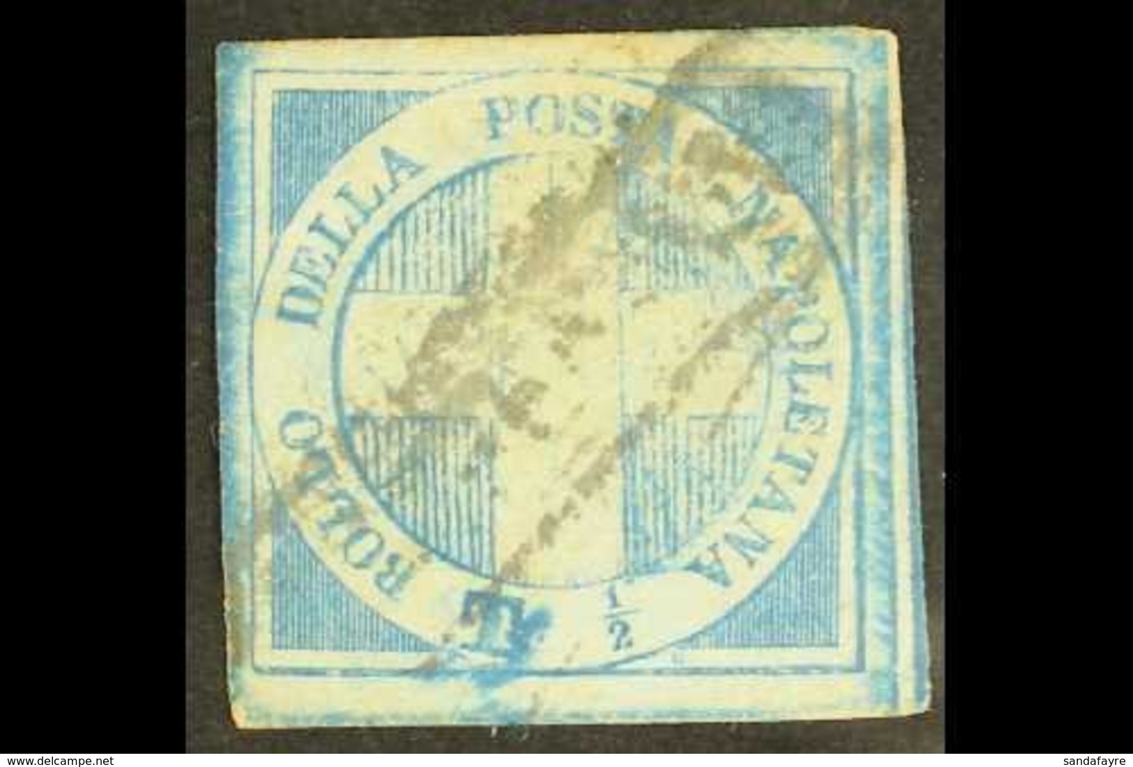 NAPLES 1860 ½t Blue, Cross Of Savoy, Variety Double Incision Of "T", Sass 16c, Fine Used. Large Margins All Round, Just  - Sin Clasificación