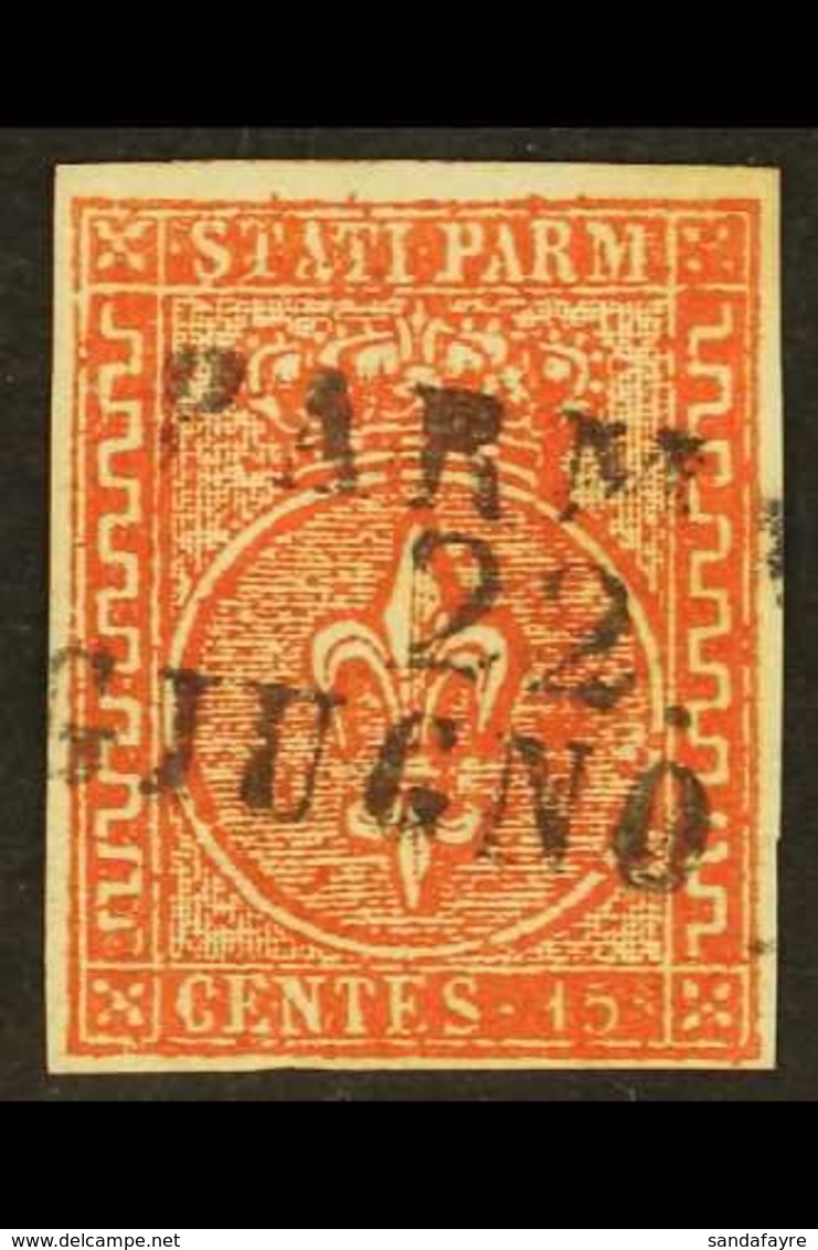 PARMA 1853-55 15c Red (Sassone 7, SG 13), Very Fine Used With "Parma / 22 / Giugno" Three-lines Cancel, Four Margins, Ve - Zonder Classificatie