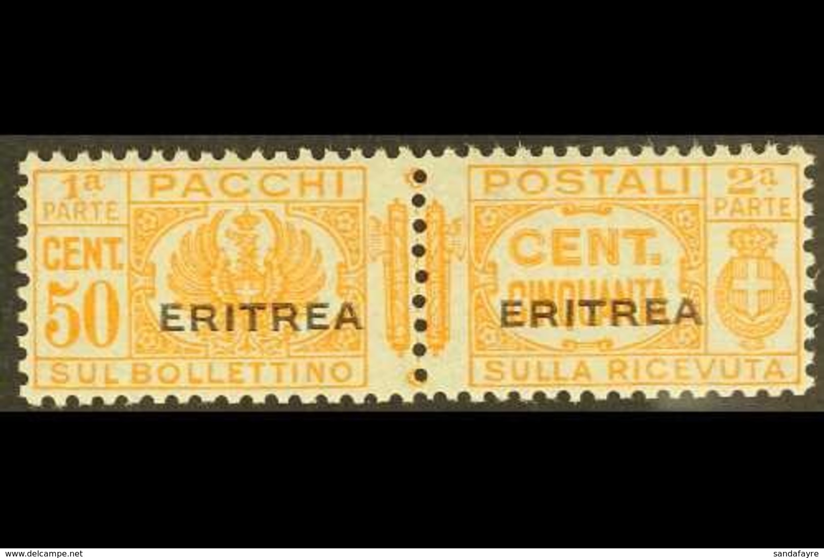 ERITREA PARCEL POST 1927-37 50c Orange Overprint (SG P126, Sassone 25), Never Hinged Mint Horizontal Pair, Very Fresh, E - Other & Unclassified