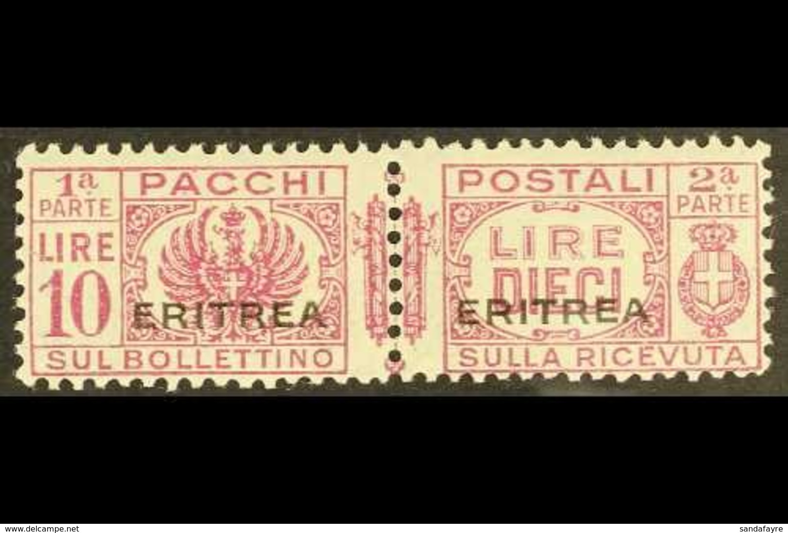 ERITREA PARCEL POST 1927-37 10L Purple Overprint (SG P132, Sassone 31), Never Hinged Mint Horizontal Pair, Very Fresh, E - Andere & Zonder Classificatie