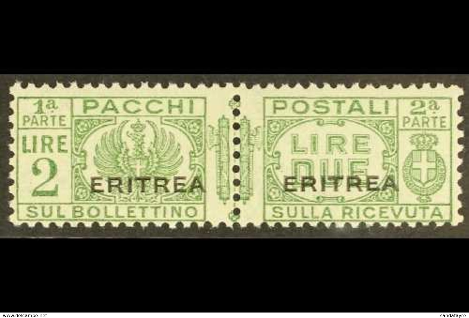 ERITREA PARCEL POST 1927-37 2L Green Overprint (SG P129, Sassone 28), Never Hinged Mint Horizontal Pair, Very Fresh & Sc - Autres & Non Classés