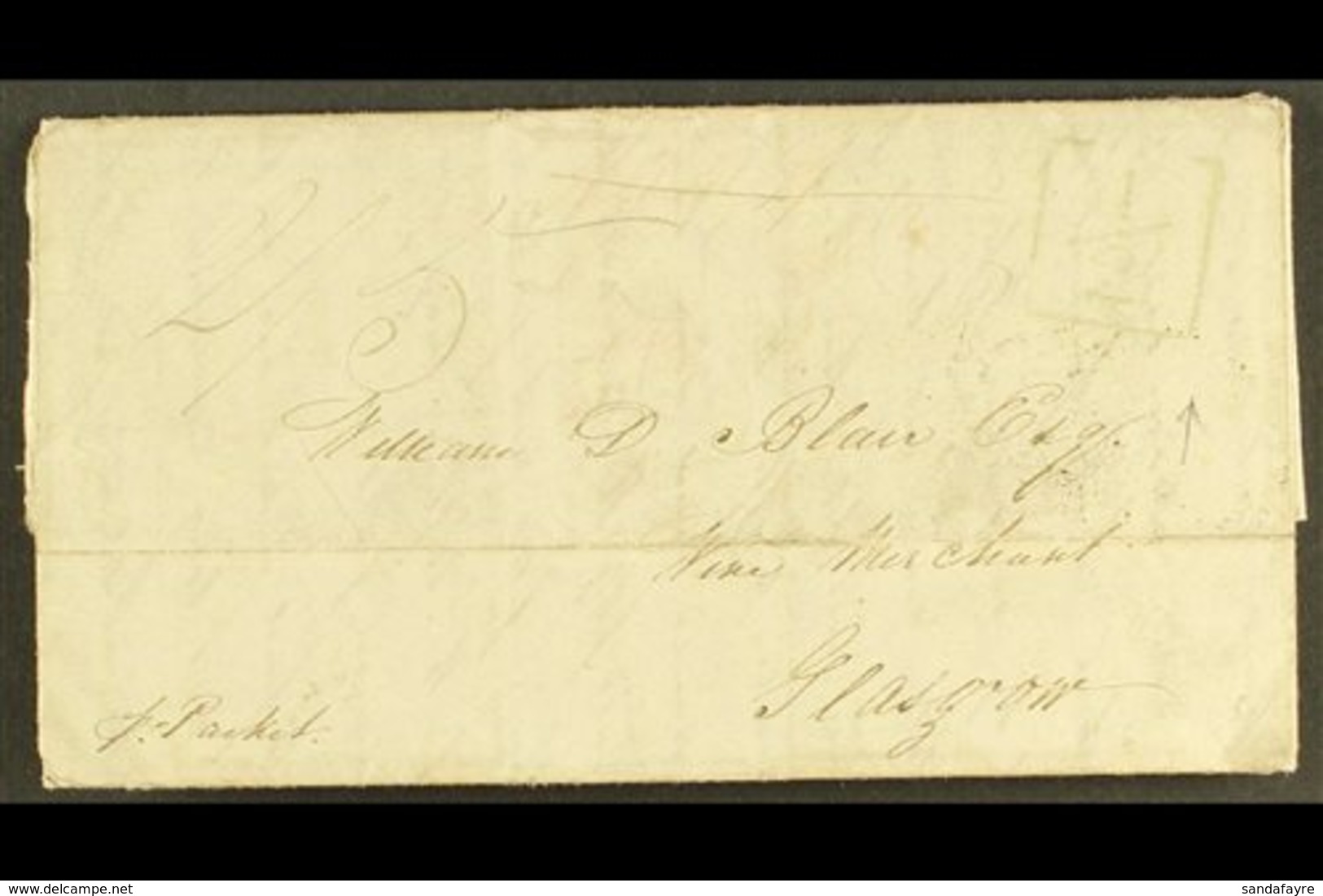 1834 JAMES BLAIR PLANTATION LETTER,  MOUNT ZION, ST ELIZABETH TO SCOTLAND, ADDITIONAL "½" MARK & KINGSTON CDS (June) Len - Jamaïque (...-1961)